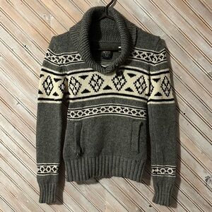 TNA Cable Knit Grey Cream Patterned Cowl V Neck Button Sweater Pullover Basic